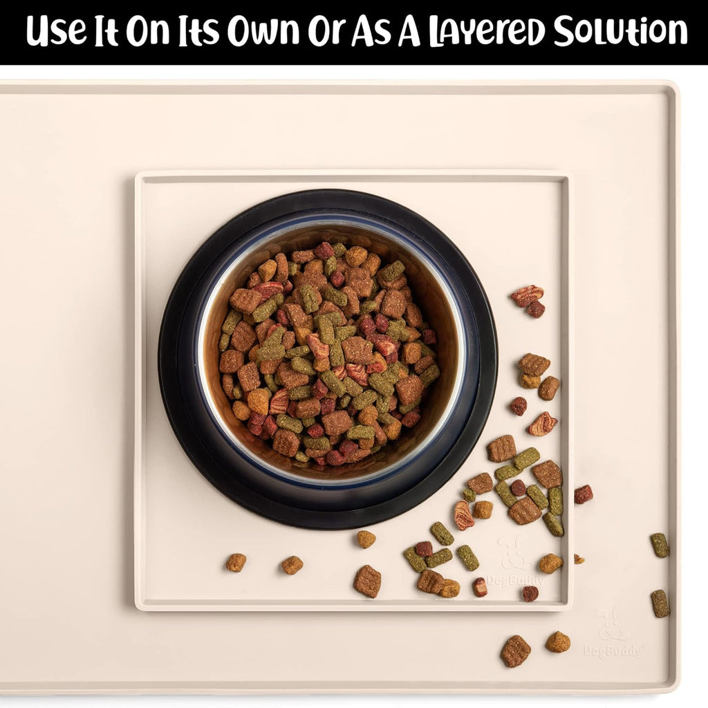 DogBuddy Dog Food Mat – Waterproof Dog Bowl Mat for Food and Water, Silicone Pet Feeding Mats for Floors, Non-Slip Placemat with High Edges for Dogs Bowls, Puppy Essentials (XS: 11" x 11", Vanilla)