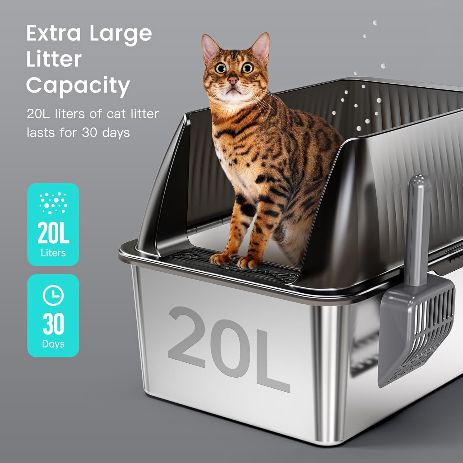 Tripamin 15” XL Stainless Steel Cat Litter Box Enclosure, XXL Stainless Steel High Sides with Lid, Extra Large Metal Cat Litter Box (Translucent Black, XX-Large)