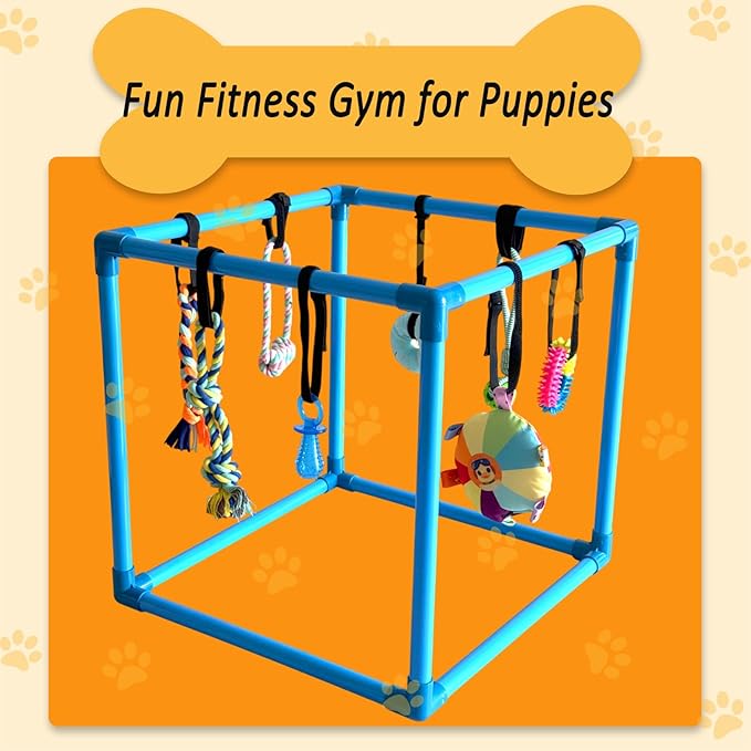 Puppy Play Gym with 8 Hanging Toys, Interactive Indoor Jungle Gym – ABS Frame with Adjustable Elastic Straps, Little Puppy Teething Chew Toys for Busy, Active Small Dogs