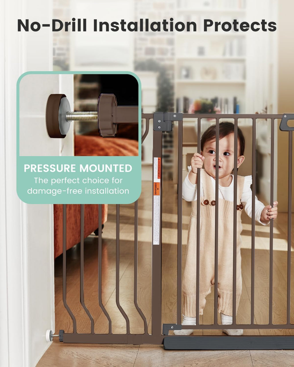 Mom's Choice-GROWNSY Baby Gate for Stairs, 29.5"-48.4" Pressure Mounted Baby Gate for Top of Stair&Doorway with V-Shaped Rods, Anti-Trip Pedal,Wide Stairs Dog Gate Easy Install w/Red Reminder,Brown