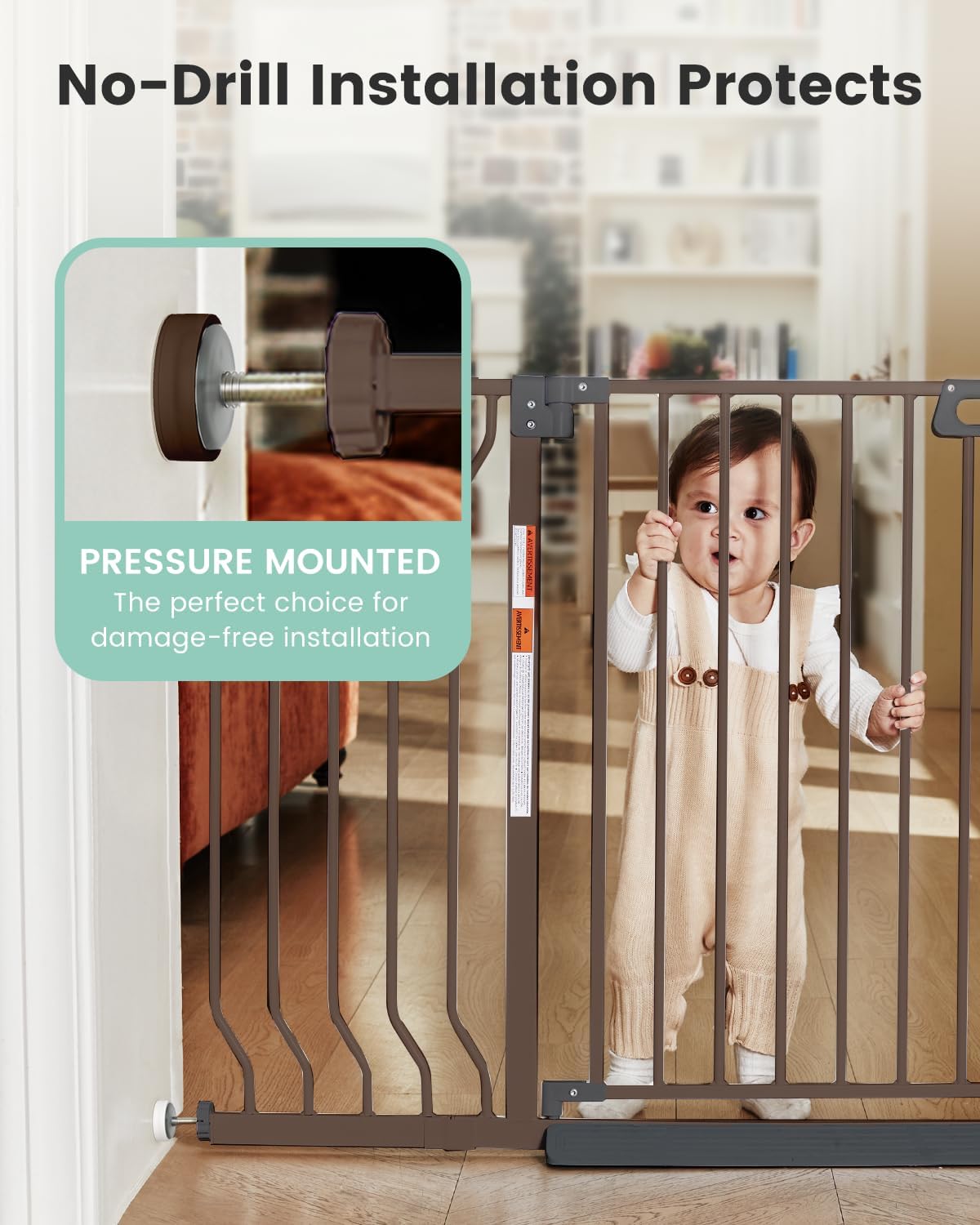 Mom's Choice-GROWNSY Baby Gate for Stairs, 29.5"-48.4" Pressure Mounted Baby Gate for Top of Stair&Doorway with V-Shaped Rods, Anti-Trip Pedal,Wide Stairs Dog Gate Easy Install w/Red Reminder,Brown