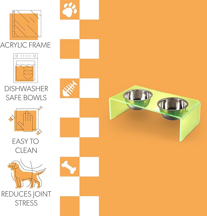 The LICKER Store DBL2000G Keaton 5" Small/Medium Modern Acrylic Rectangular Elevated Pet Feeder with 20oz 2-Stainless Steel Bowls, Green/Chrome