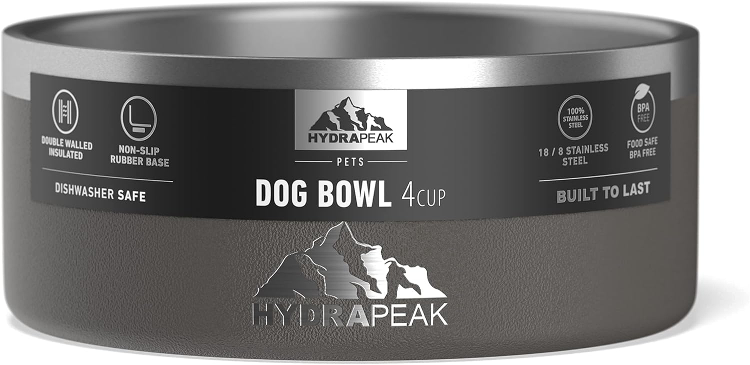 Hydrapeak Dog Bowl; Non Slip Stainless Steel; Water and Food Dish; Large Sized and Small Dogs; 32oz 64oz; Multiple Sizes; 4 Cup | Graphite