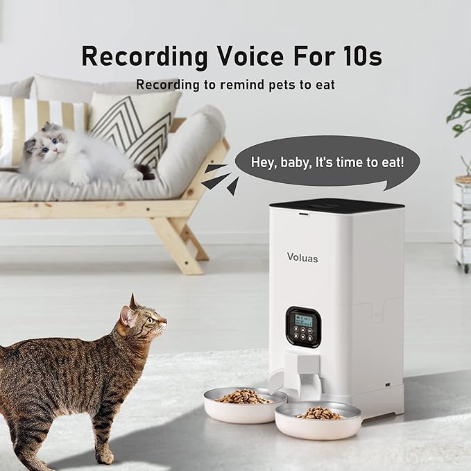 Voluas Automatic Cat Feeder for Two Cats, Double Pet Feeder with 2 Stainless Steel Bowls,6L Timed Cat Feeders with Memory Function