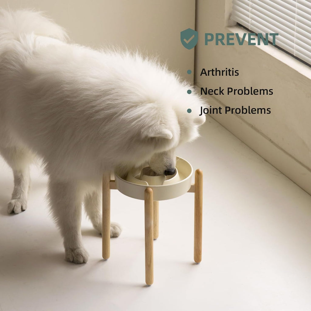 9.5inch Ceramic Raised Slow Feeder Dog Bowl Set, Elevated Bowl with Wooden Stand for Large Dog, Puzzle Slow Pet Food Dish, Anti-Gulping(Beige, Single Bowl+ Stand)