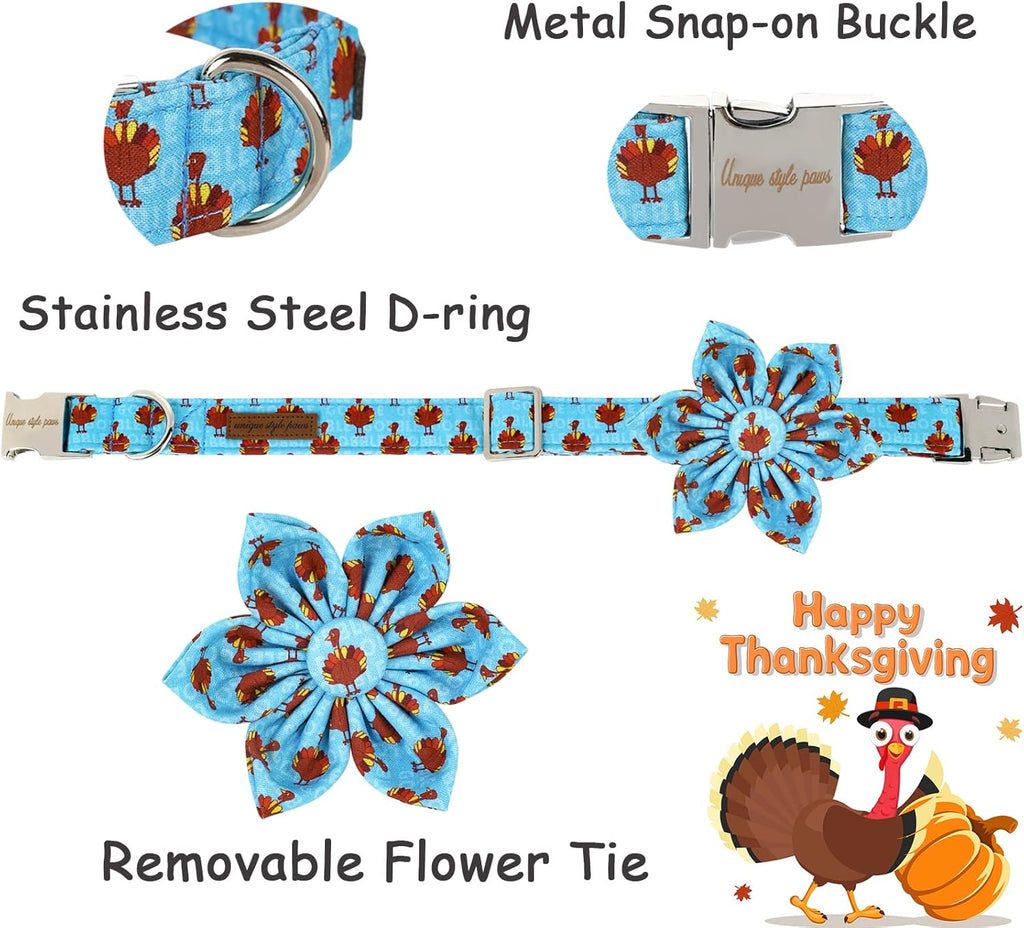 Unique style paws Thanksgiving Dog Collar with Flower Tie Autumn Turkey Theme Puppy Collar for Small Medium Large Dogs-XS