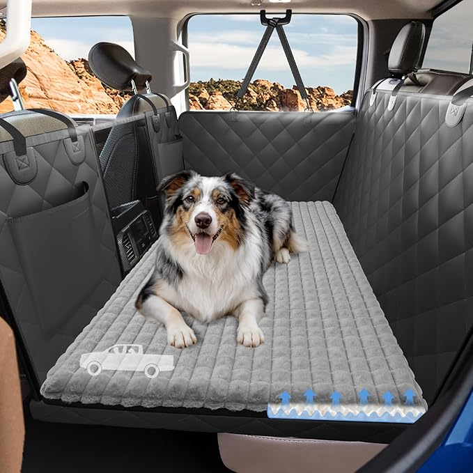Truck Back Seat Extender for Dogs with Thick Egg Crate Foam Fuzzy Blanket Bed Mat, Soft Pet Car Seat Covers, Sturdy Backseat Trucks Dog Bed for Travel, Waterproof Dog Hammock for Truck Crew Cab