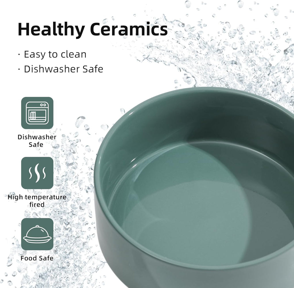 Ceramic Elevated Dog Bowls, Food and Water Bowls for Dogs, Puppy, Raised Dog Dish, Pet Feeder(6inch, 2 x Dark Green + Stand)