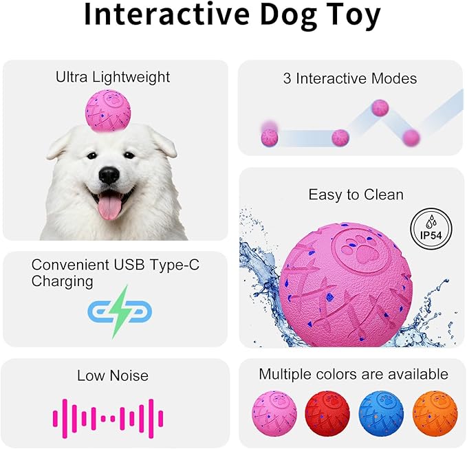 Interactive Dog Toys Dog Ball, Durable Motion Pet Toys for/Small/Medium/Large Dogs, Christmas Birthday Gifts, Automatic Moving, Bouncing and Rotating, E-TPU Material, IP54 Waterproof (Pink)