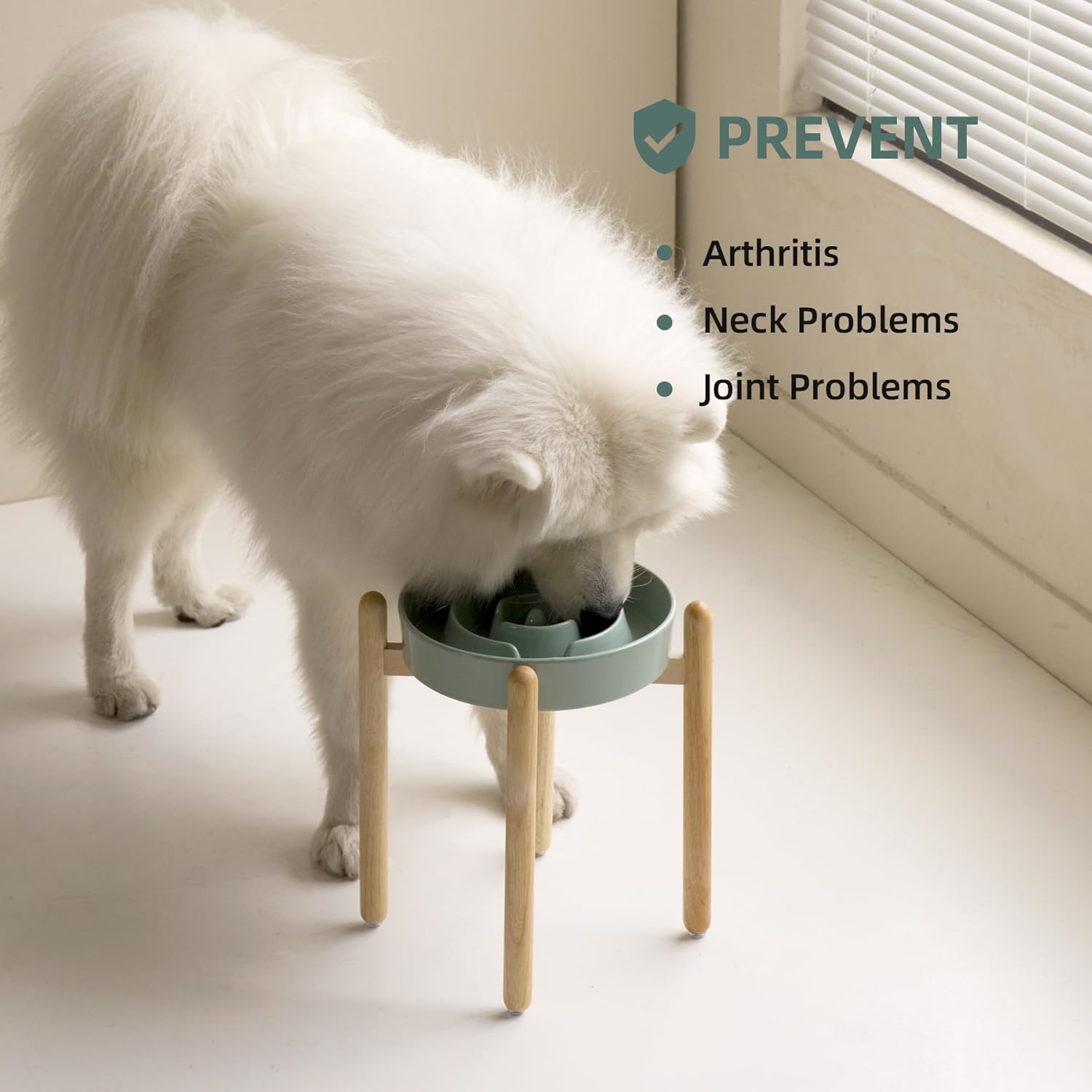 9.5inch Ceramic Raised Slow Feeder Dog Bowl Set, Elevated Bowl with Wooden Stand for Large Dog, Puzzle Slow Pet Food Dish, Preventing Choking(Light Green, Single Bowl+ Stand)