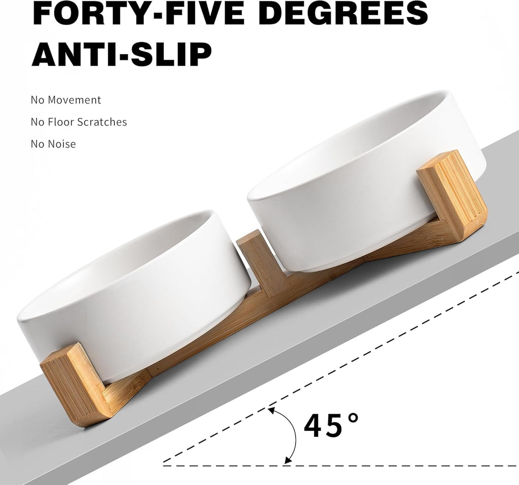 White Ceramic Dog & Cat Bowl Set – 13.5 OZ with Wooden Stand, Non-Slip, Elevated Design for Small Dogs & Cats – 2 Bowls (Food & Water, Ceramic Pet Bowls, Modern Dog Bowls)