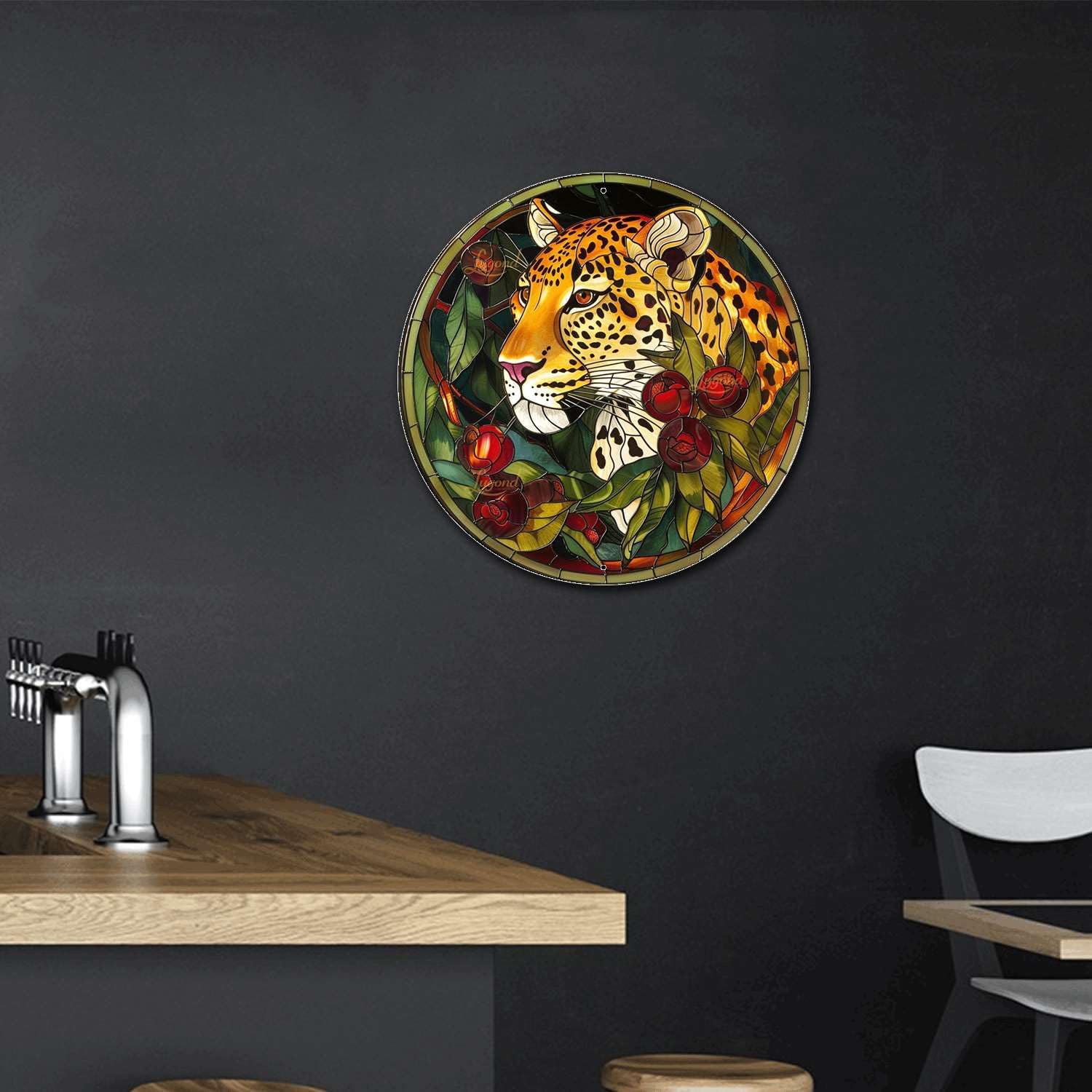 Lygond Metal Sign Tin Sign Circular Stained Glass Leopard Bathroom Signs For Home For Club 12×12 Inches