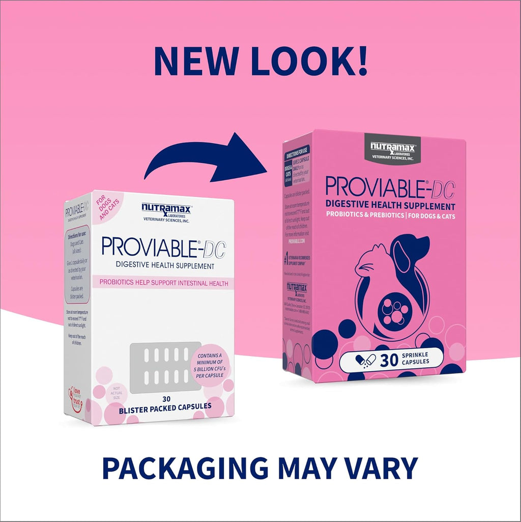 Nutramax Proviable Probiotics for Dogs and Cats, Daily Digestive Health Supplement with Multiple Strains of Bacteria, Cat and Dog Probiotics Plus Prebiotics, 30 Capsules