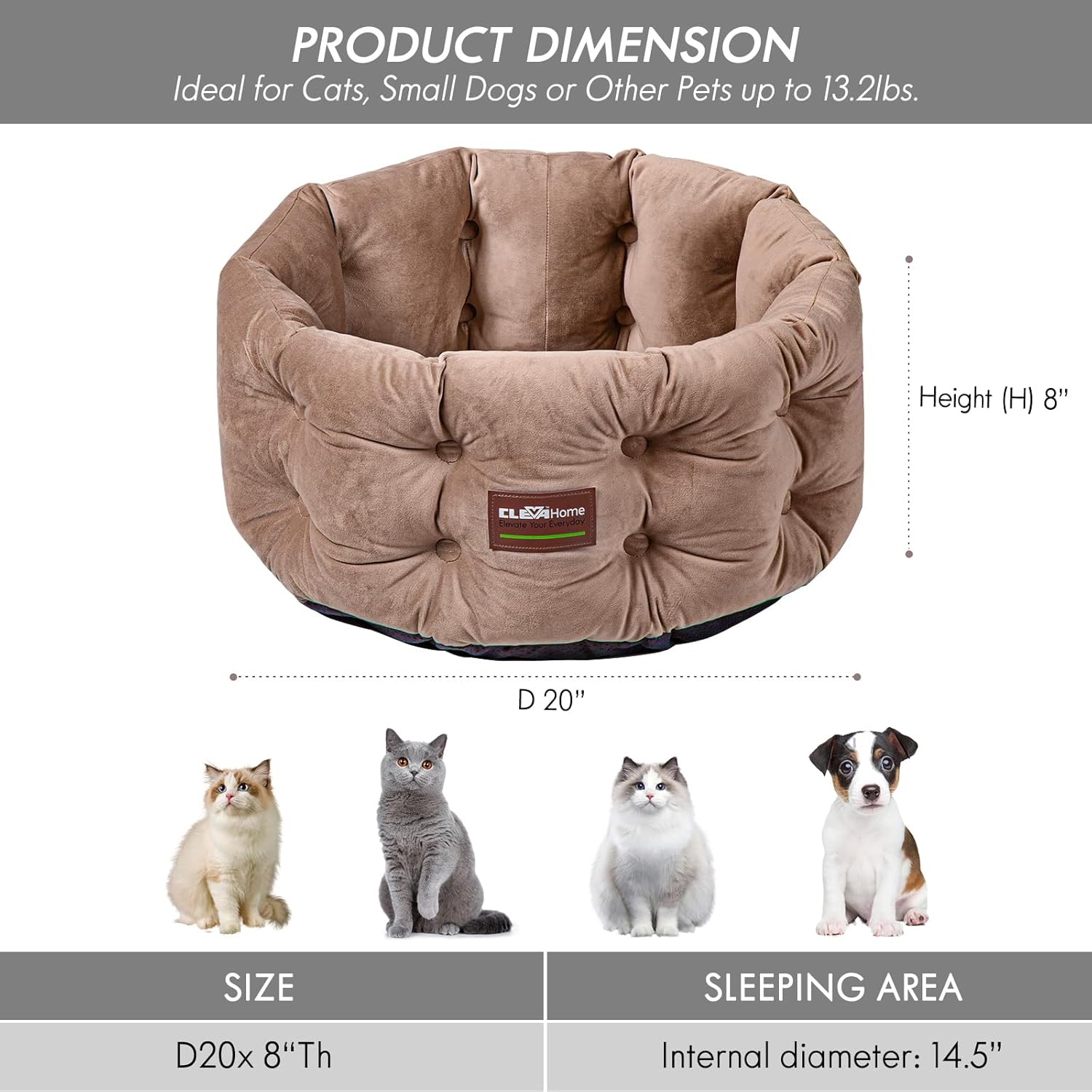 ClevaHome Deep Nest Cat Bed for Small Pets up to 15lbs - Round Cat Beds for Indoor Cats, Luxurious Velvet Feel, Extra High Sides, Machine Washable Comfort Pet Bed with Non-Slip Bottom (Warm Beige)