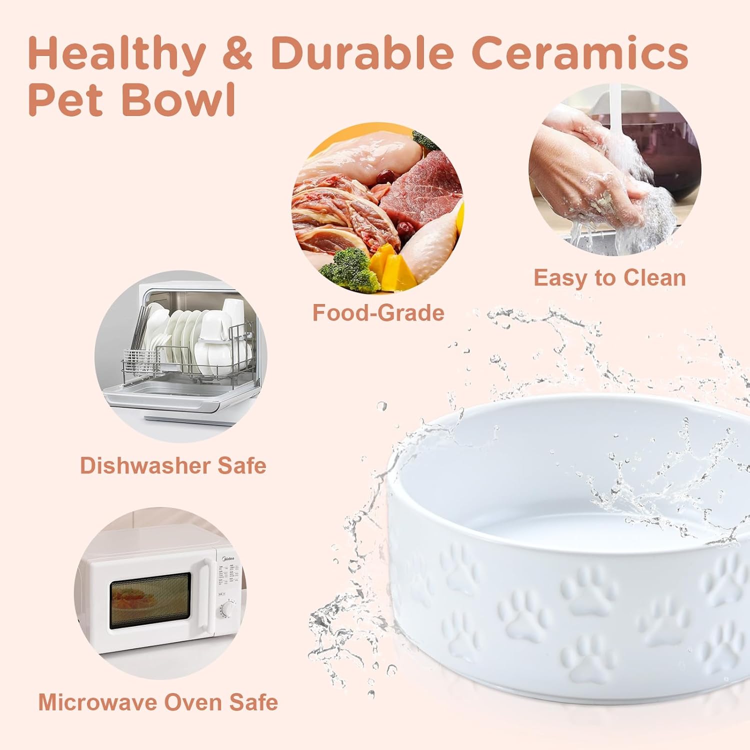 SPUNKYJUNKY Elevated Dog Bowls Ceramic, 5.1'' Dogs and Cat Food Water Bowls Raised with Non-Slip Bamboo Stand for Puppy Small Sized Breed Microwave Dishwasher Safe - 13.5 OZ,Paw White