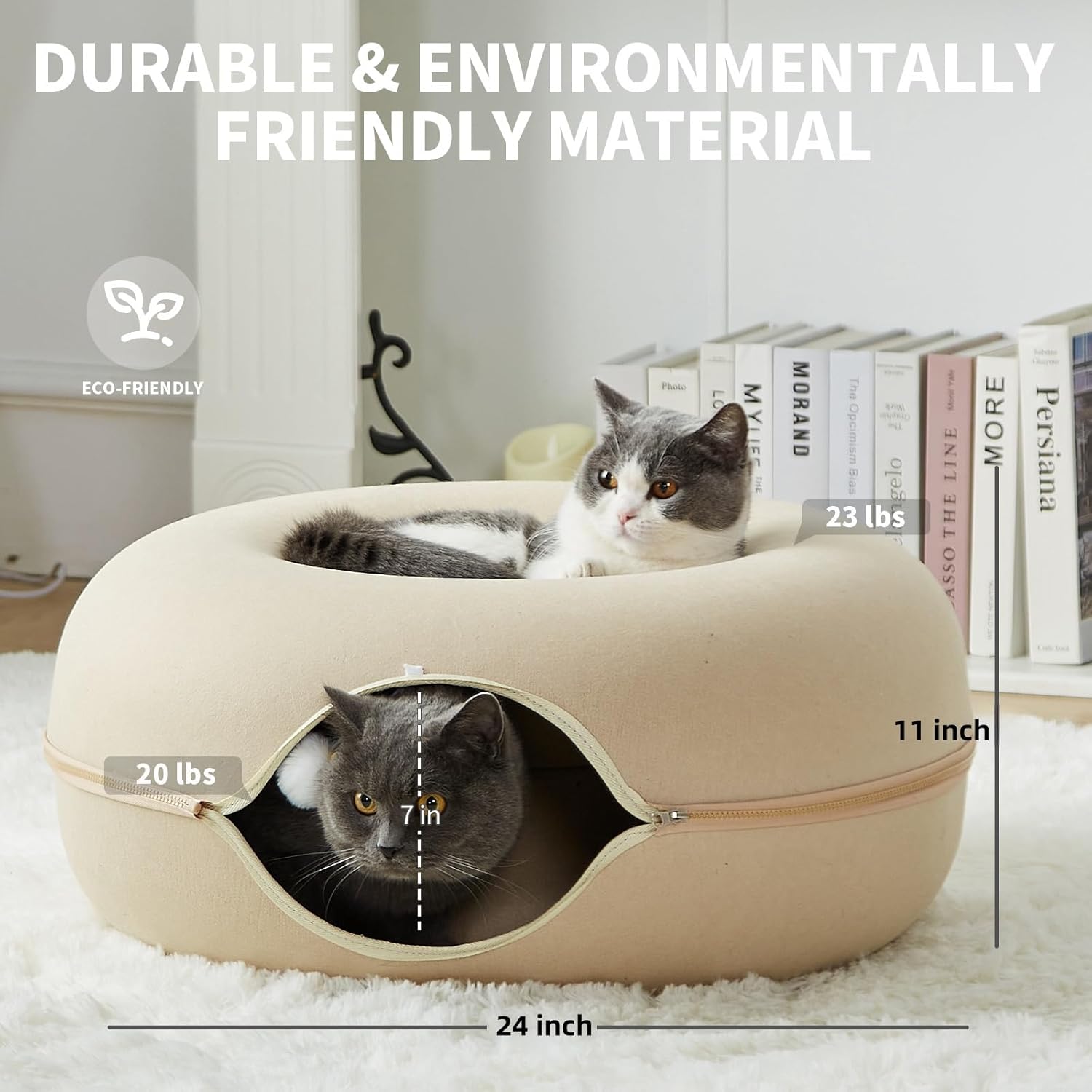 Jia Xi Cat Bed and Hideout, Large Indoor Cat Condo with Tunnel and Cave (24 inch, Beige)