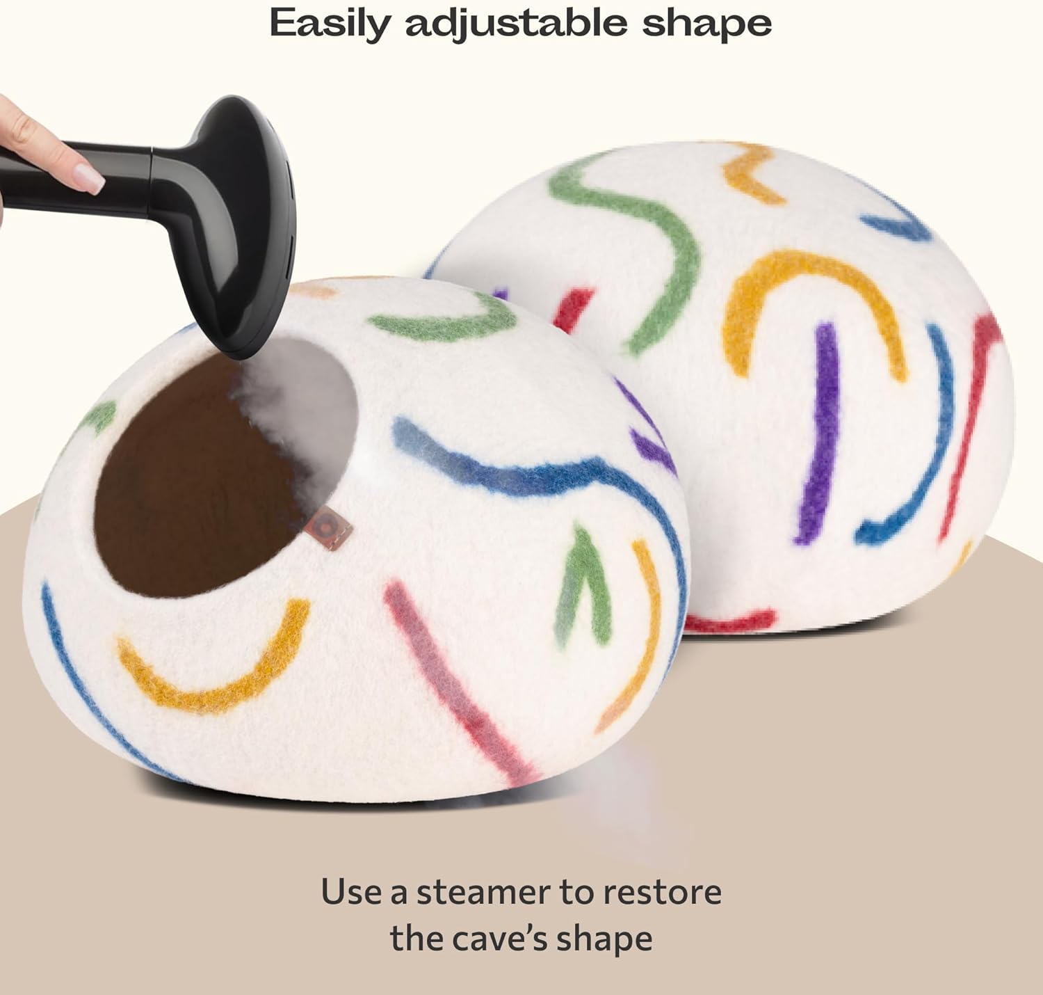 MEOWFIA Cat Cave – Premium Felt Cat Bed for Indoor Cats, Handmade 100% Merino Wool (Medium, Ivory Rainbow)