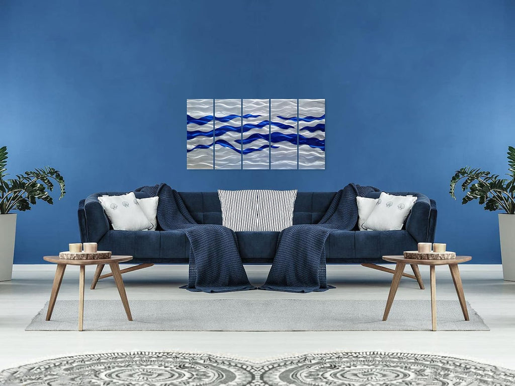 SYGALLERIER Abstract Coastal Metal Wall Art Handcrafted Big 3D Blue and Silver Artwork Modern Sea Waves Pictures Contemporary Sculpture for Living Room Bedroom Bathroom Decor