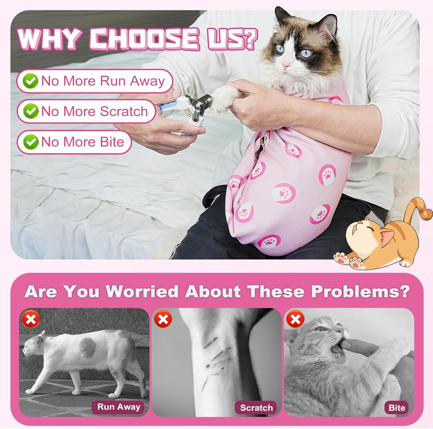 Supet Cat Wrap for Cutting Nails, Self-Adhesive Grooming Wrap, Anti-Scratch Cat Swaddle for Grooming, Ideal for Medicine, Nail Clipping, Teeth Brushing, Ear Cleaning