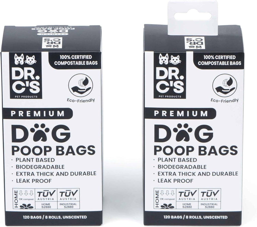 100% Certified Compostable Dog Poop Bags - Dr. C's Premium Dog Poop Bags - 120 Bags / 8 Rolls, Extra thick, Leak Proof, Unscented, Plant Based and Earth Friendly