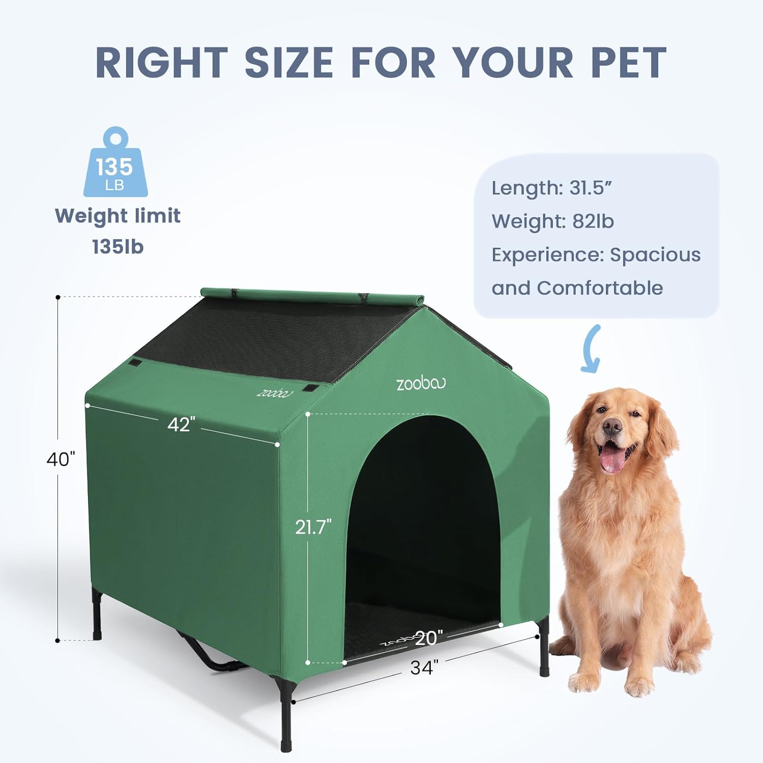 42" 2-in-1 Dog House for Medium Dogs, Elevted Dog House Outdoor/Indoor, Puppy Shelter Outside,Water Resistant 600D PVC and Durable 2x1 Textilene Raised Dog Bed(Green)
