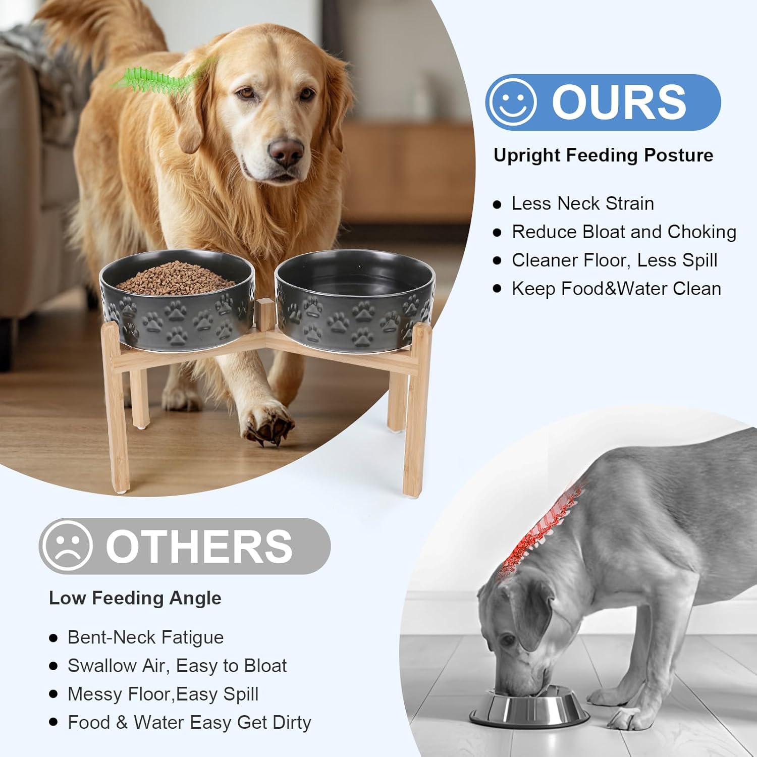 SPUNKYJUNKY Elevated Dog Bowls Ceramic, 8.3'' Dogs Food Water Bowls Raised with Non-Slip Bamboo Stand for Large Sized Breed Microwave Dishwasher Safe - 60 OZ,Paw Black