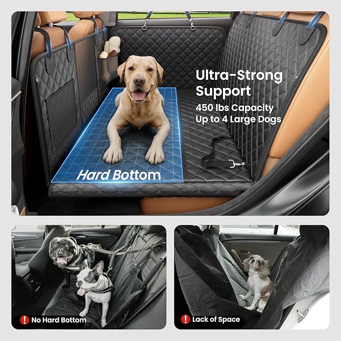REEVAA Dog Car Seat Cover for Back Seat, Hard Bottom Dog Hammock, Pet Bed Extender for 2-4 Large/Medium Dogs, Waterproof Seat Protector, Universal L Size Fits for SUV Medium Truck, Black
