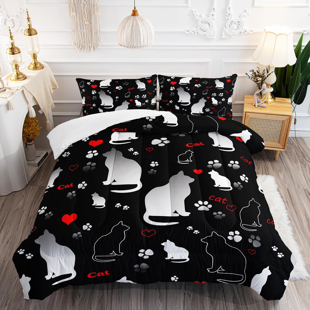 Kawaii Cat Animal Themed Comforter Set 3Pcs Queen Black White Pet Cat Bedding Set for Kid Teen Girl Boy Adult Room Decor Cartoon Cat Paw Heart Pattern Quilt with 1 Comforter and 2 Pillowcases