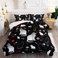 Kawaii Cat Animal Themed Comforter Set 3Pcs Queen Black White Pet Cat Bedding Set for Kid Teen Girl Boy Adult Room Decor Cartoon Cat Paw Heart Pattern Quilt with 1 Comforter and 2 Pillowcases