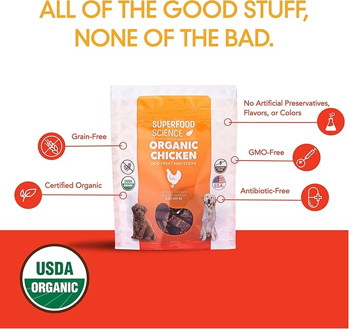 Organic Dog Treats, w/ Chicken, Sweet Potato, Turmeric, & Flaxseed, Low-Calorie, Grain-Free, Semi-Soft, Natural Dog Jerky, Healthy Dog Treats for Training Puppies, Small, Medium & Large Breeds, 5 oz