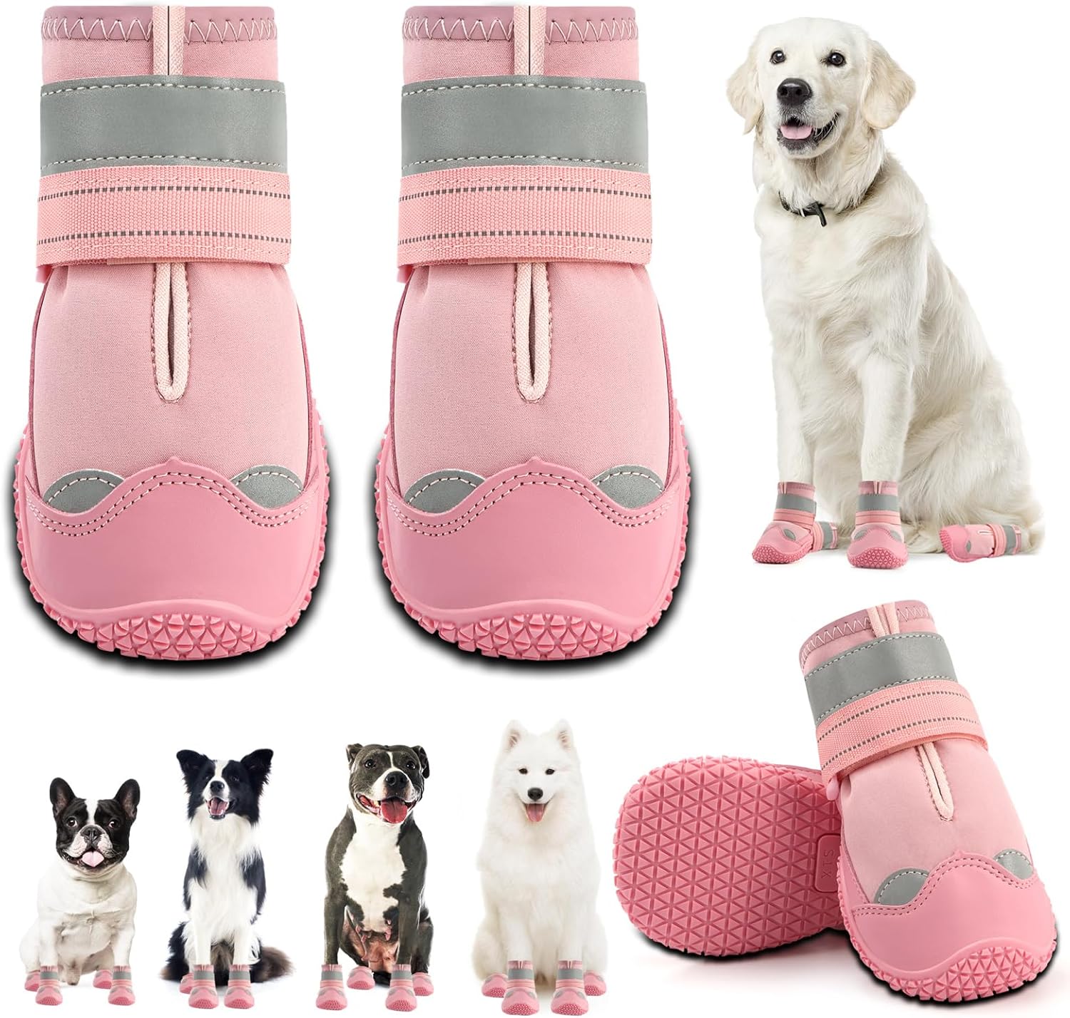 Dog Shoes for Large Dogs, Medium Dog Boots & Paw Protectors for Hardwood Floors, Outdoor Dog Booties for Hot Pavement Winter Snow Hiking, Waterproof Dog Shoes with Reflective Strips Size 4