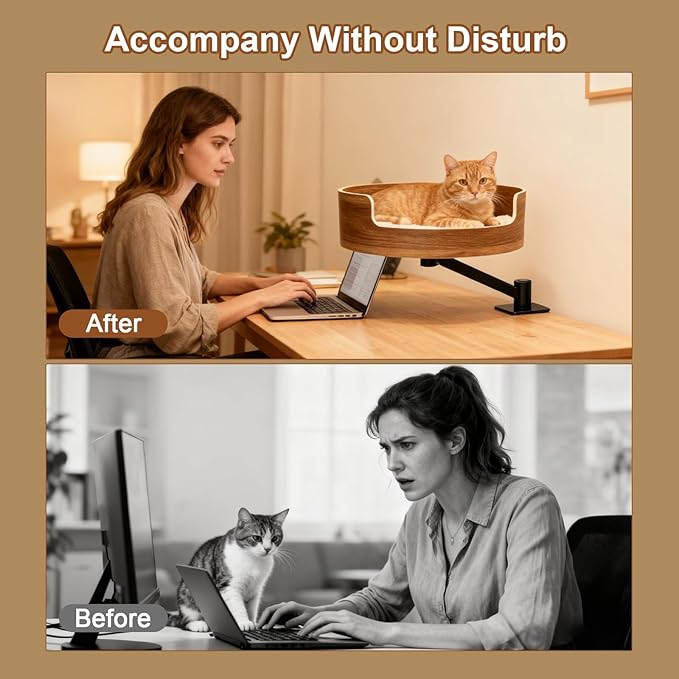 Space-Saving Cat Bed for Desk, Elevated Resting Spot for Home Office, Mounted Design for Small Apartments, Comfortable & Stable，Walnut Wood Finish