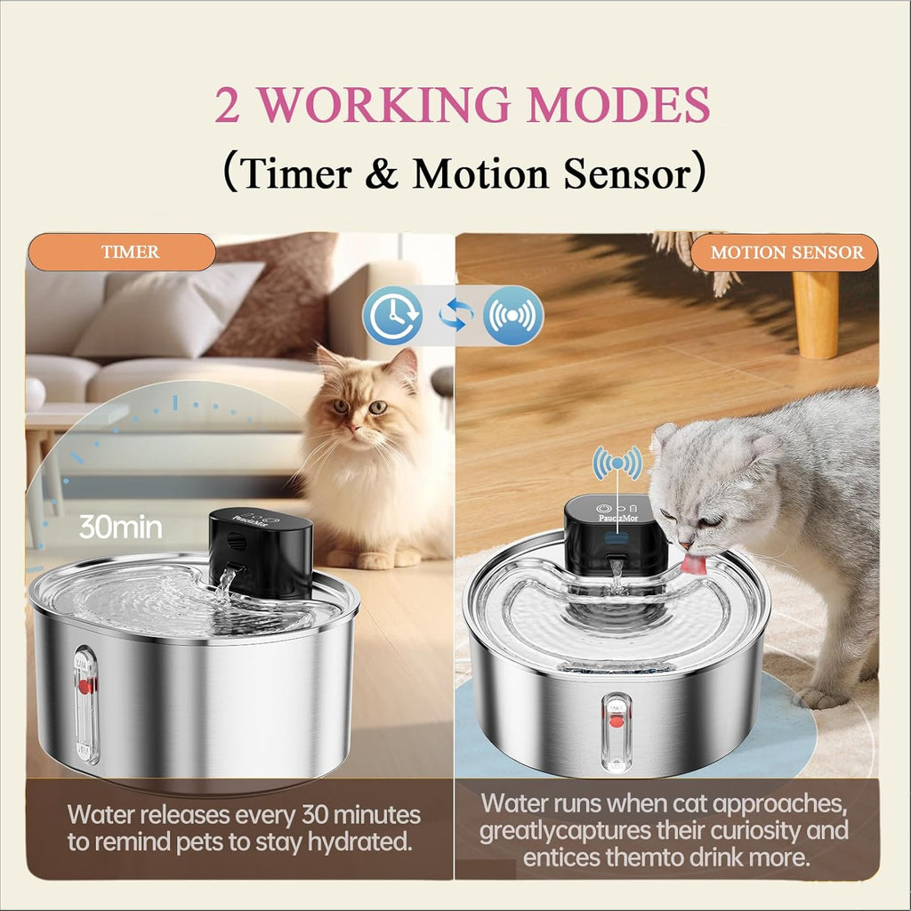 Pumpless Cat Water Fountain Stainless Steel Battery Operated, 108oz/3.2L Wireless Pet Water Fountain, Cordless Automatic Dispenser with 2 Replacement Filters for Cats, Dogs, Multiple Pets