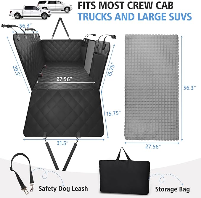 Truck Back Seat Extender for Dogs with Thick Egg Crate Foam Fuzzy Blanket Bed Mat, Soft Pet Car Seat Covers, Sturdy Backseat Trucks Dog Bed for Travel, Waterproof Dog Hammock for Truck Crew Cab