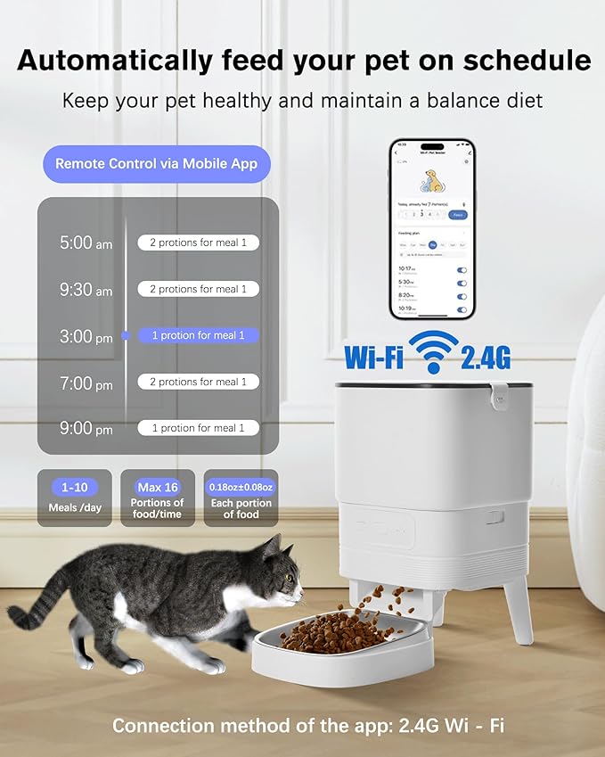 Automatic Cat Feeder, Camera Auto 2 Cats Dispenser 5L Microchip WiFi 2.4G&5G Timed Dual Pet Smart APP Dry Food Self Feeding Container Station (White Set)
