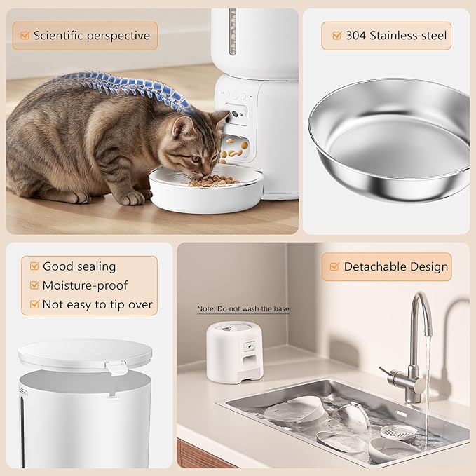 Automatic Cat Feeder with Camera, 4L Automatic Pet Feeder, Dual Power Supply, Smart Cat Food Dispenser with 2MP Night Vision & Two-Way Audio for Cats and Small Dogs, White