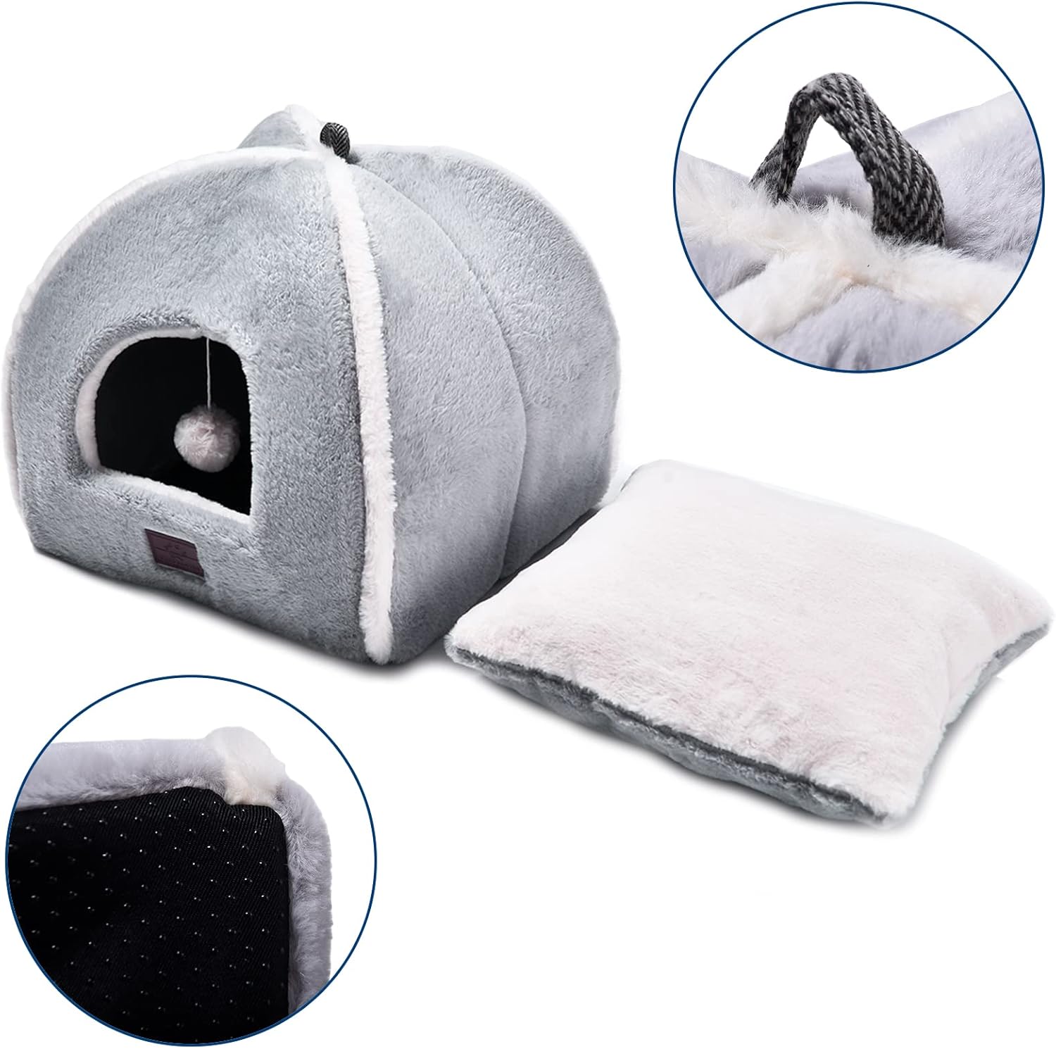 Cat Bed for Indoor Cats - Cat Cave Bed Cat House Cat Tent with Removable Washable Cushioned Pillow, Soft and Self Warming Kitten beds, Pet Bed（Large Grey）