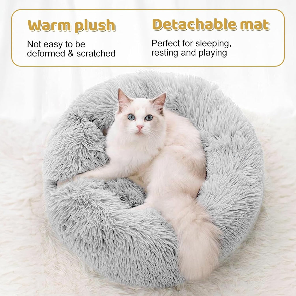 Odoland Cat Tunnel Bed with 20 Cat Toys - Indoor Plush Kitten Couch, Detachable Cats Cave Donut Tunnel & Soft Kitten Toy Set - Cozy Cat Furniture, White