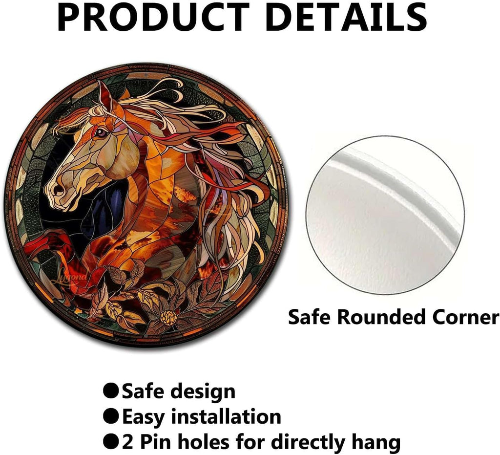 Lygond Metal Sign Tin Sign Circular Stained Glass Horse Gardening Poster for Pet 8×8 Inches