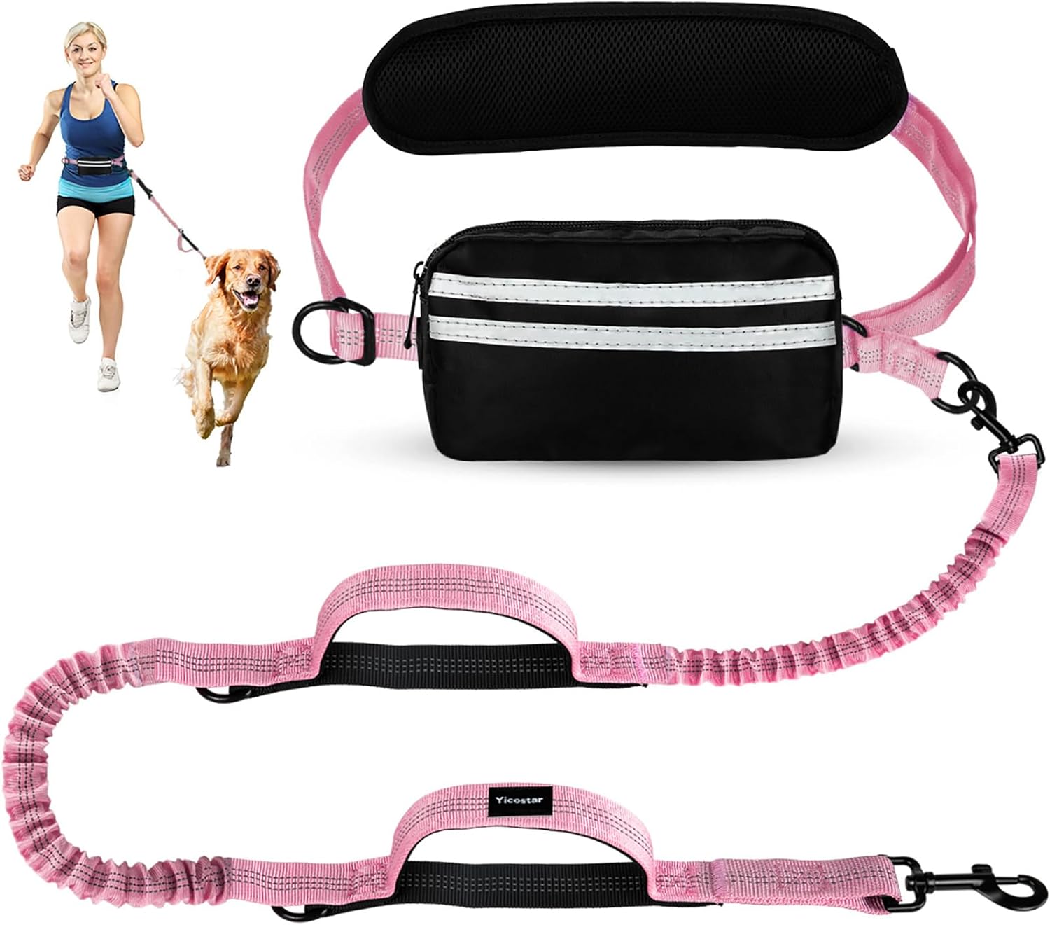 Hands Free Dog Leash, Adjustable Waist Belt with Double Padded Handles, Retractable Bungee for Medium & Large Dogs, Waist Leash for Dog Walking, Running, No Pull, Pink