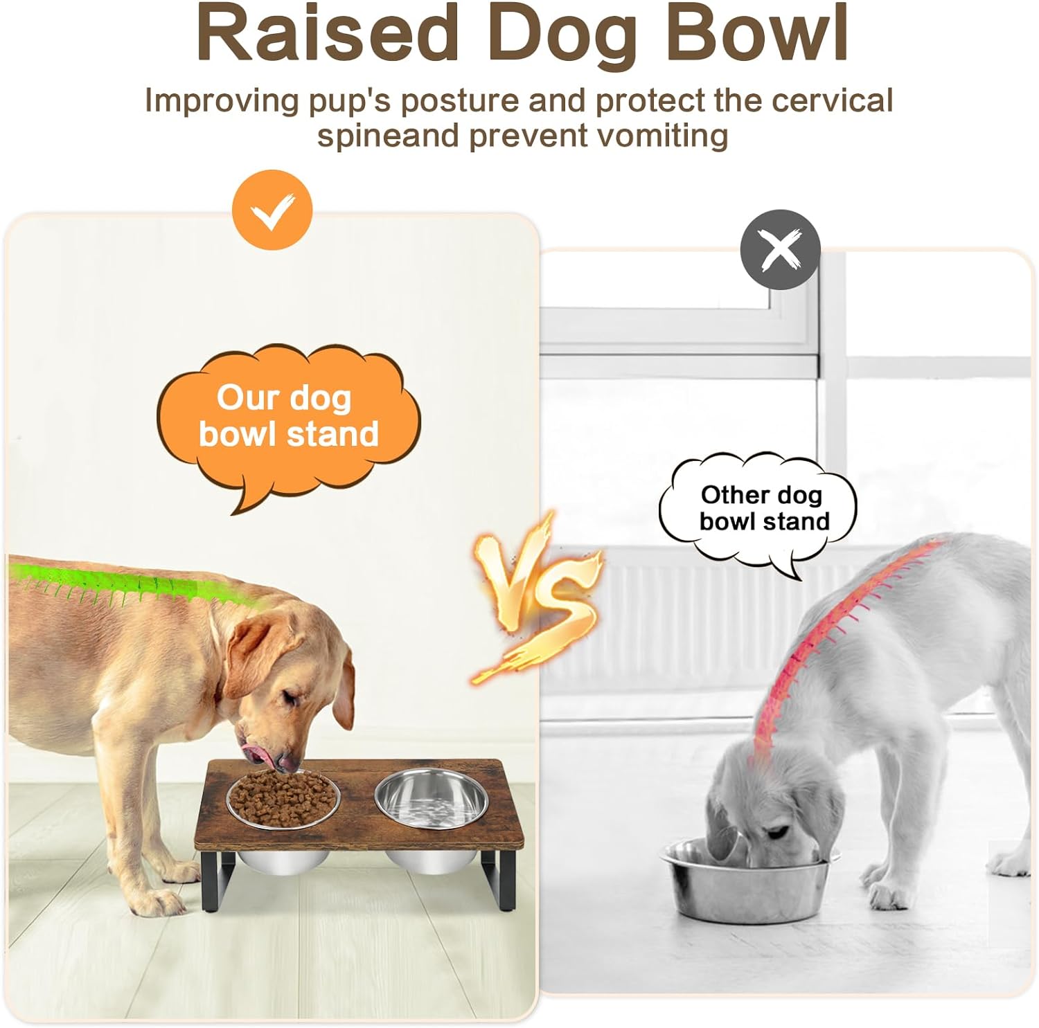 Elevated Dog Bowls for Small Medium Wood Dogs Raised Bowl Stand with 2 Stainless Steel Deep Dog Food and Water Bowls, Anti Vomit, Non-Slip Feeding Dishes(Tilted，3 inches in Height, 40oz