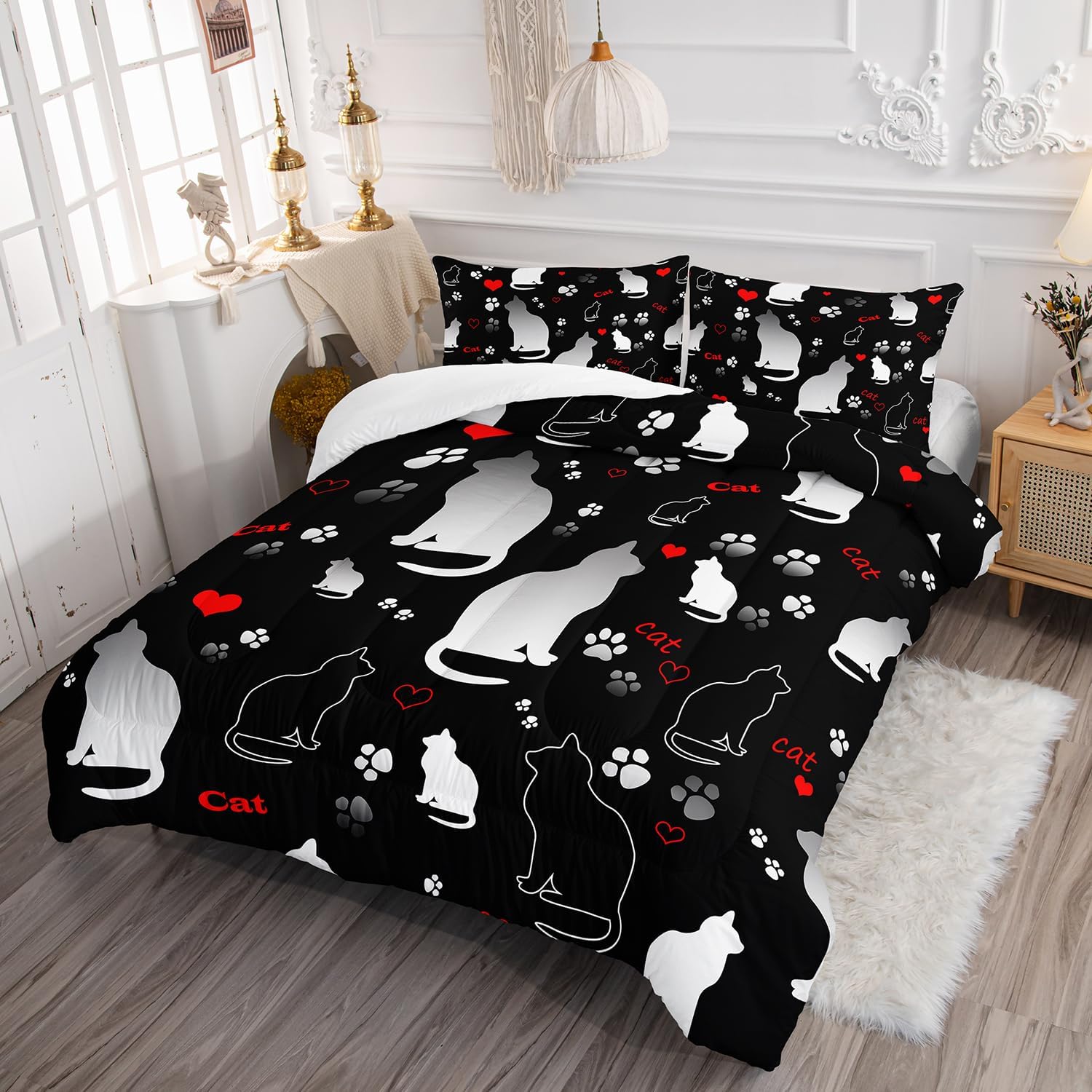 Kawaii Cat Animal Themed Comforter Set 3Pcs Full Black White Pet Cat Bedding Set for Kid Teen Girl Boy Adult Room Decor Cartoon Cat Paw Heart Pattern Quilt with 1 Comforter and 2 Pillowcases