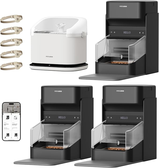 Bundle of PETLIBRO RFID Automatic Cat Feeder, Collar Sensor for Personalized Meals, Cats Recognition, Diet Tracking + RFID Multi Cats Water Fountain with Hydration Monitoring, x5 Collar Tags