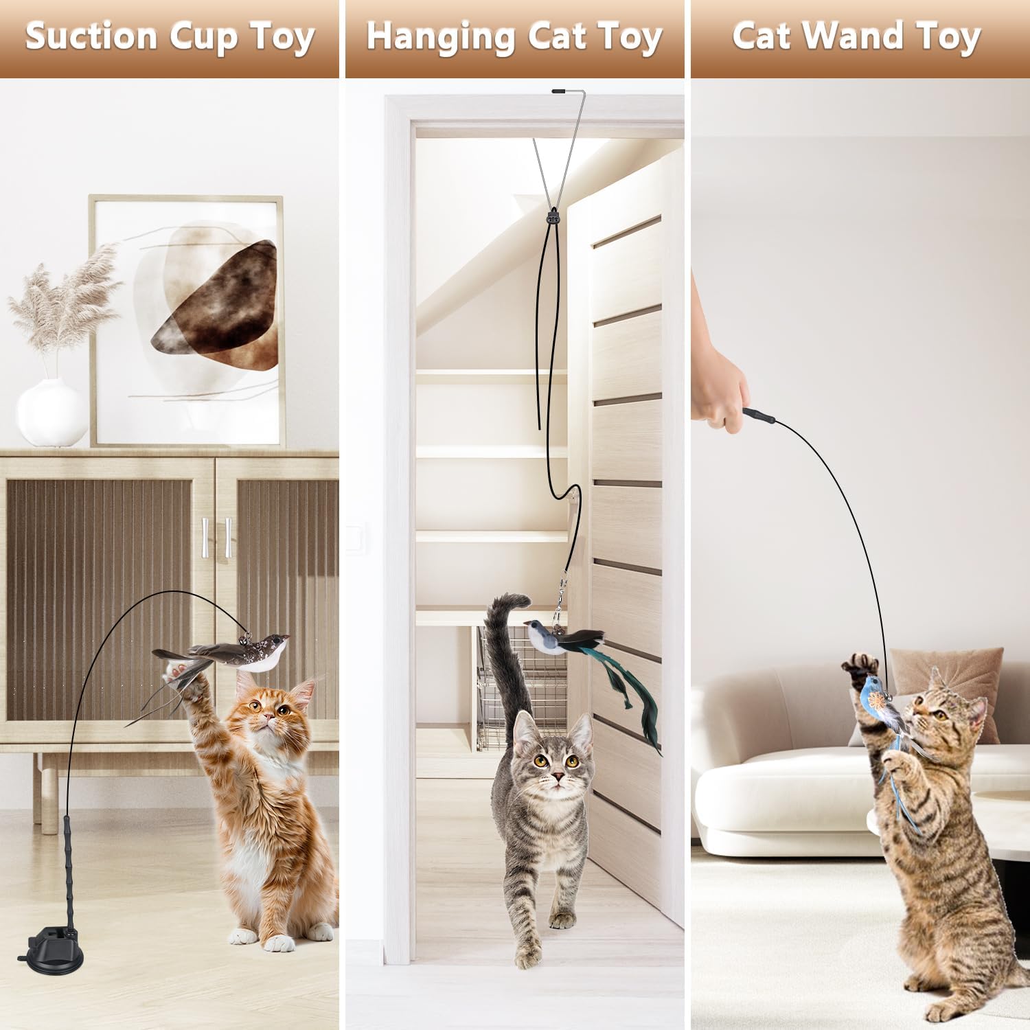 Cat Toys for Indoor Cats, Interactive Bird Cat Toy Self-Holding Suction Base with 5 Replaceable Birds, Door Hanging String, Feathers & Bells | Chase, Jump & Exercise for Kittens/Adult Cats