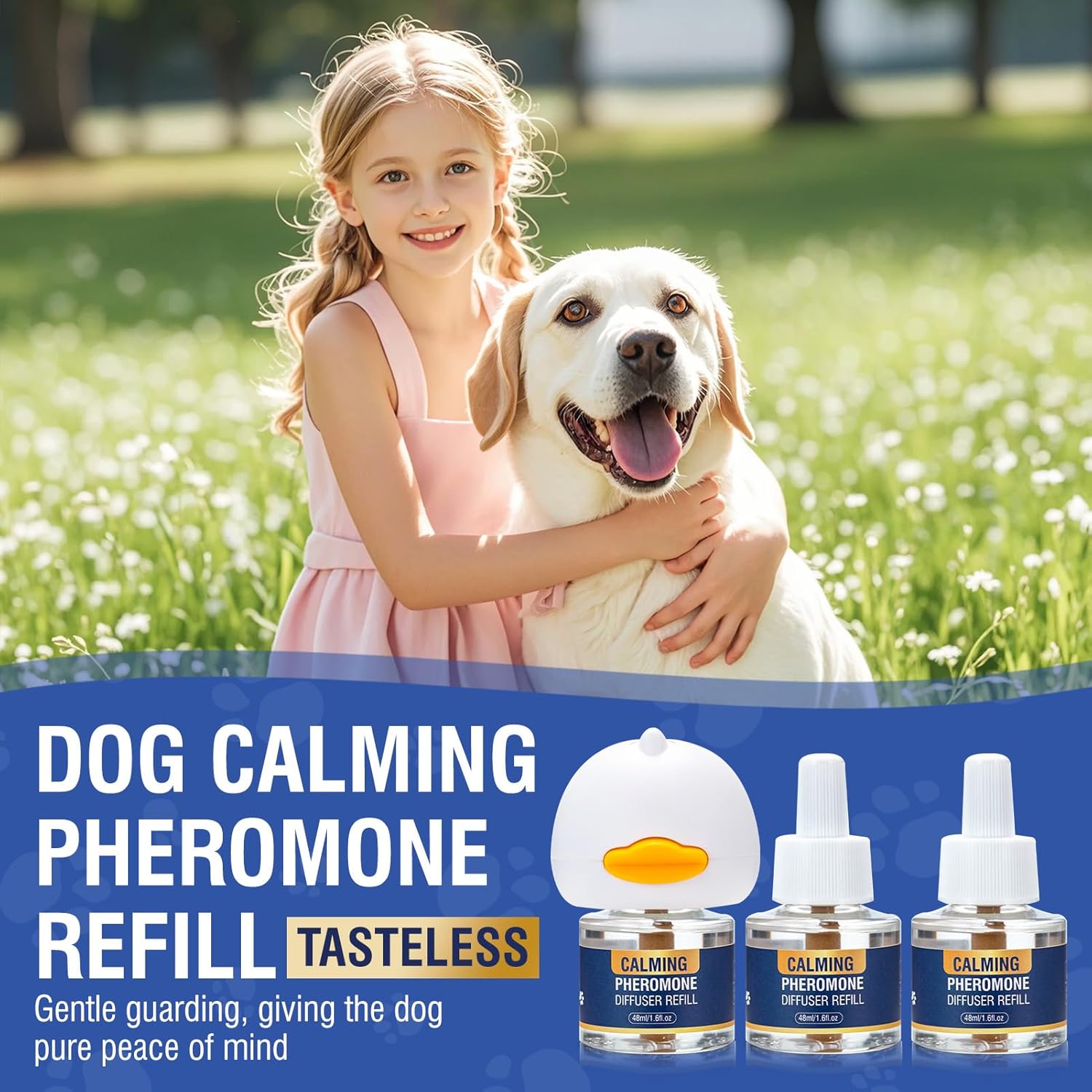 Dog Pheromone Calming Diffuser 4 In 1 Appeasing Pet Pheromones Diffuser to Calm Kit (Plug in+ 3 Pack 48ml Refill) for Anxiety Relief Reduce Barking Aggression Fighting Stress 90 Day Supply(Tasteless)