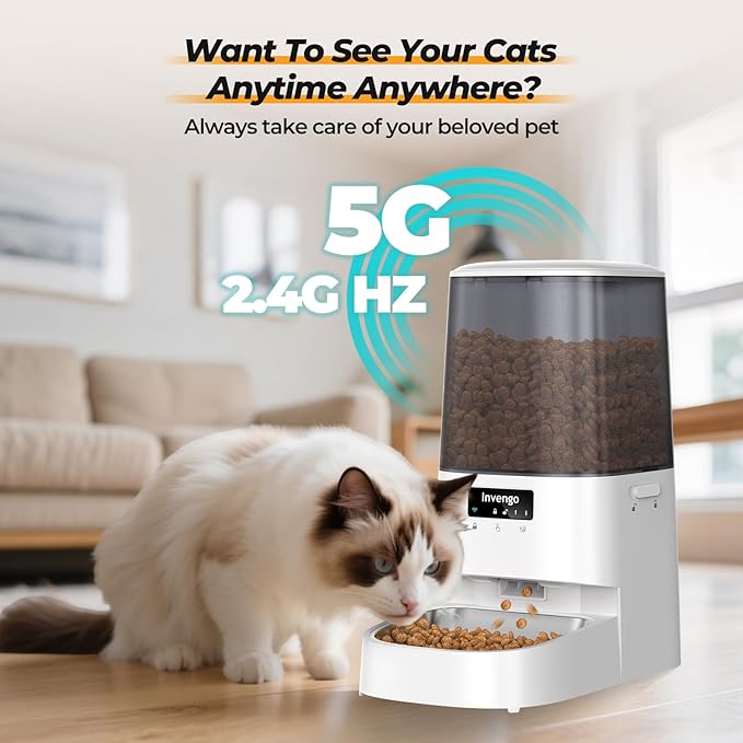 Automatic Cat Feeder with App Control, 5L Food Dispenser for Cats and Small Dogs, 2.4/5G Wi-Fi, Dual Power, Programmable Portions, Anti-Jam & Fresh-Lock, Stainless Steel Bowl, Easy to Clean