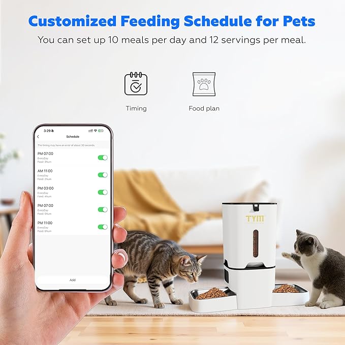 TYM Dual Automatic Cat Feeder 2 Cats, 7L Timed Cat Food Dispenser for Multiple Pets, Double Auto Dog Feeder with Slow Feed, WiFi Programmable Feeders Smart App Control, Steel Double Bowls Easy Clean