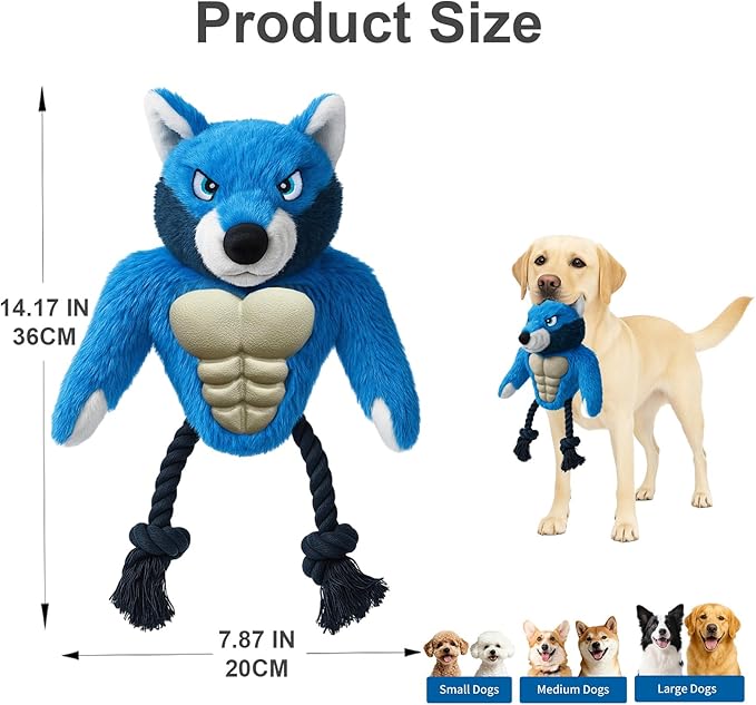 Muscle Wolf Dog Toy – Durable Plush with Rubber Chest & Rope Legs, Squeaky Tug Toy for Medium & Large Dogs, Built for Tough Play, 14.1 Inch Interactive Chew Toy