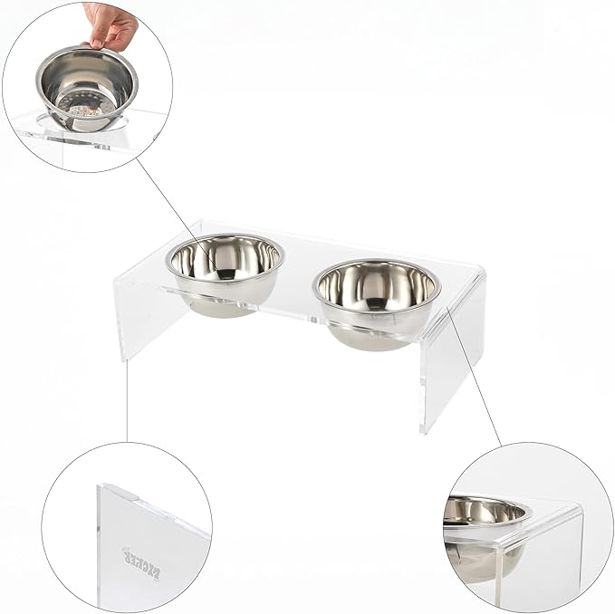 The LICKER Store DBL2000A Keaton 5" Small/Medium Modern Lucite Rectangular Elevated Pet Feeder with 20oz 2-Stainless Steel Bowls, Clear/Chrome