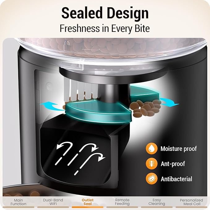 Automatic Cat Feeder with 5G WiFi : 5L Automatic Dog Feeder with Sealed Outlet, Timed Auto Cat Food Dispenser with APP Control for Pets, Detachable for Easy Clean - 21 Cup